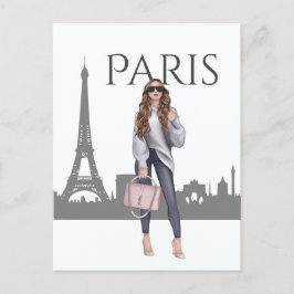 Postal Chica de moda en París con la Torre Eiffel