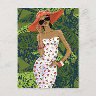 Postal Chica de moda tropical en gran Gorra rojo