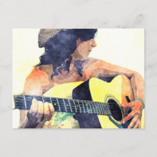 Postal Chica de país con guitarra acústica color agua