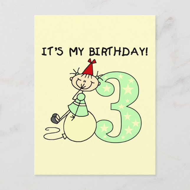 Postal Chica de palo 3 camisetas de cumpleaños y regalos (Anverso)