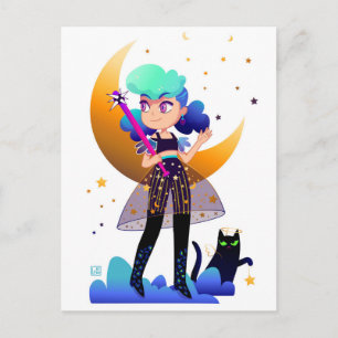 Postal Chica de pelo azul con gato negro