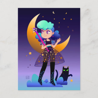 Postal Chica de pelo azul y gato negro