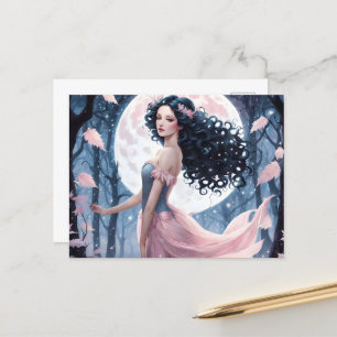 Postal Chica de pelo negro y luna llena rosa