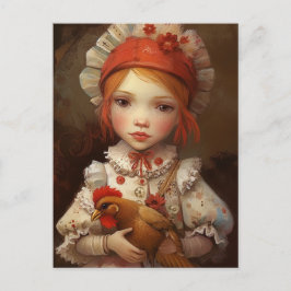 Postal Chica de pelo rojo sostiene a su pollo mascota Art