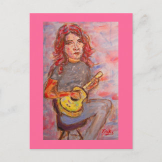 Postal chica de pelo rojo y ukulele