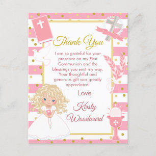 Postal Chica de pelo rubio rosa Primera Comunión Gracias
