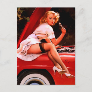 Postal Chica de Pinup mecánico de coches retro vintage