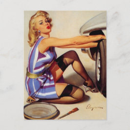 Postal Chica de Pinup mecánico de coches retro vintage