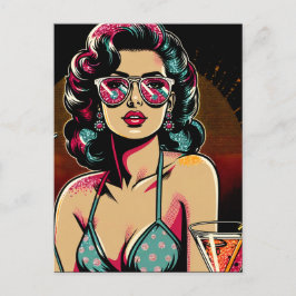 Postal Chica de Pinup Retro Cómic con Cumpleaños de Cócte