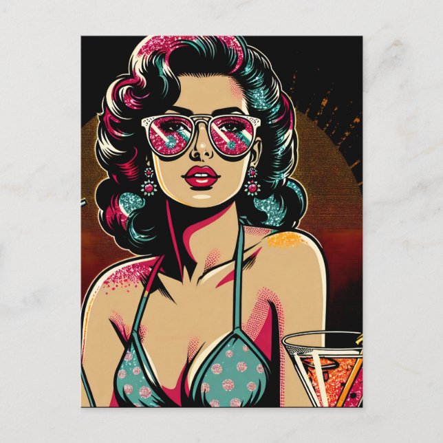 Postal Chica de Pinup Retro Cómic con Cumpleaños de Cócte (Anverso)
