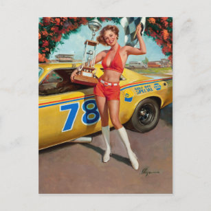 Postal Chica de pinup vintage de trofeo de coche de carre