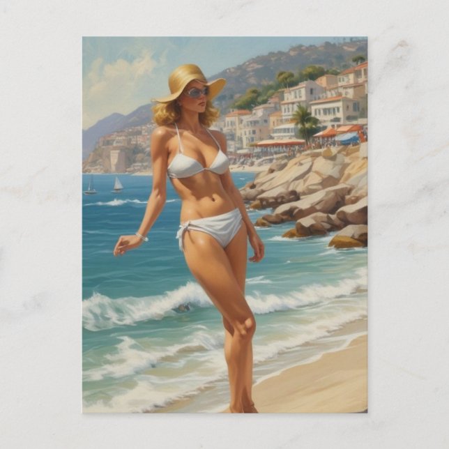 Postal Chica de playa de Viaje Riviera Francesa de Estilo (Anverso)