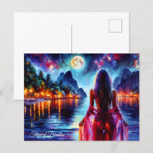 Postal Chica de playa del océano de ensueño con luna y lu