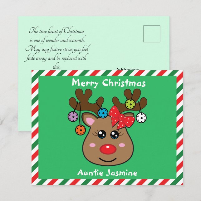 Postal Chica de renos de pellebol 🎄 fondo verde (Anverso / Reverso)