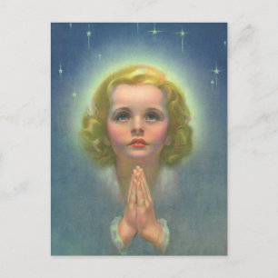Postal Chica de rubia angélica con Halo y Estrellas rezan