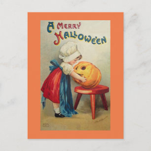 Postal Chica De Vintage Con Calabaza