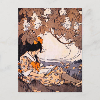 Postal Chica de vintage leyendo bajo un árbol