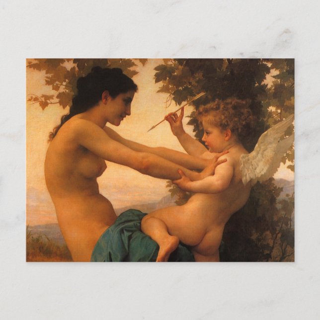 Postal Chica defendiéndose contra cupido de Bouguereau (Anverso)
