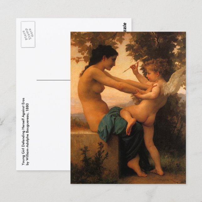 Postal Chica defendiéndose contra cupido de Bouguereau (Anverso / Reverso)