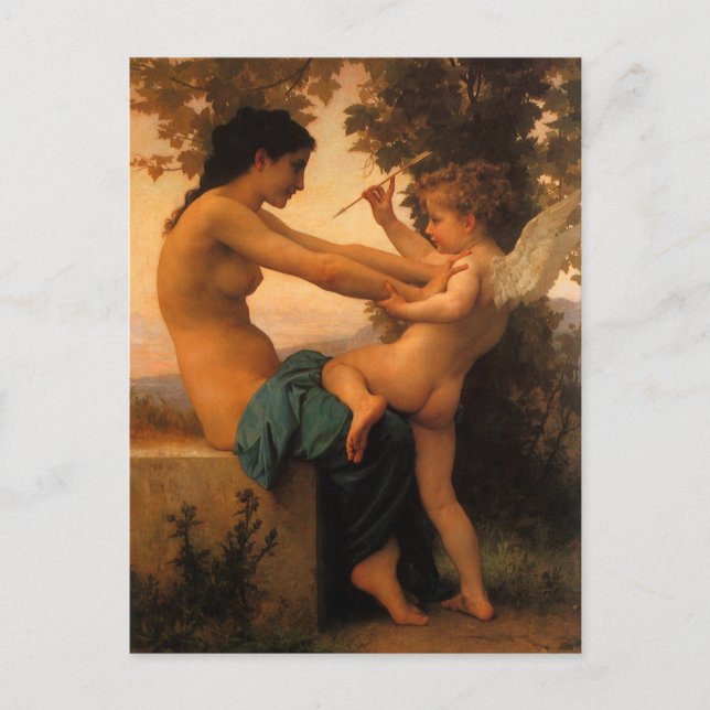 Postal Chica defendiéndose contra cupido de Bouguereau (Anverso)