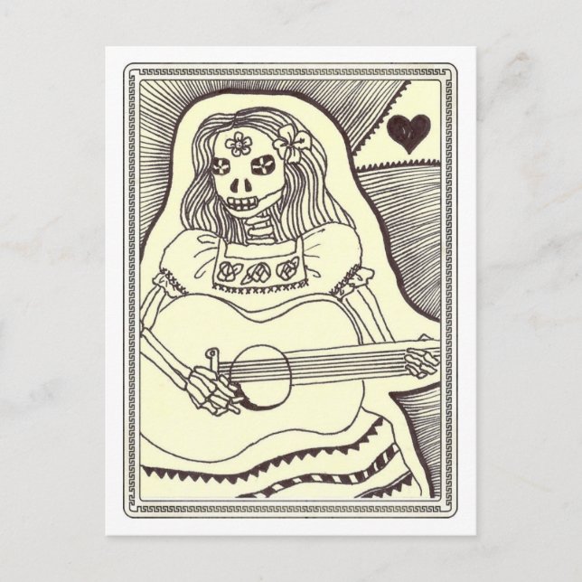 Postal Chica del Día de los Muertos con guitarra (Anverso)
