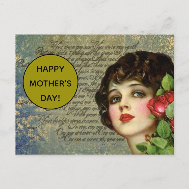 Postal Chica del glamour victoriano con rosa roja (Anverso)