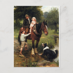 Postal chica del muchacho del caballo del perro del