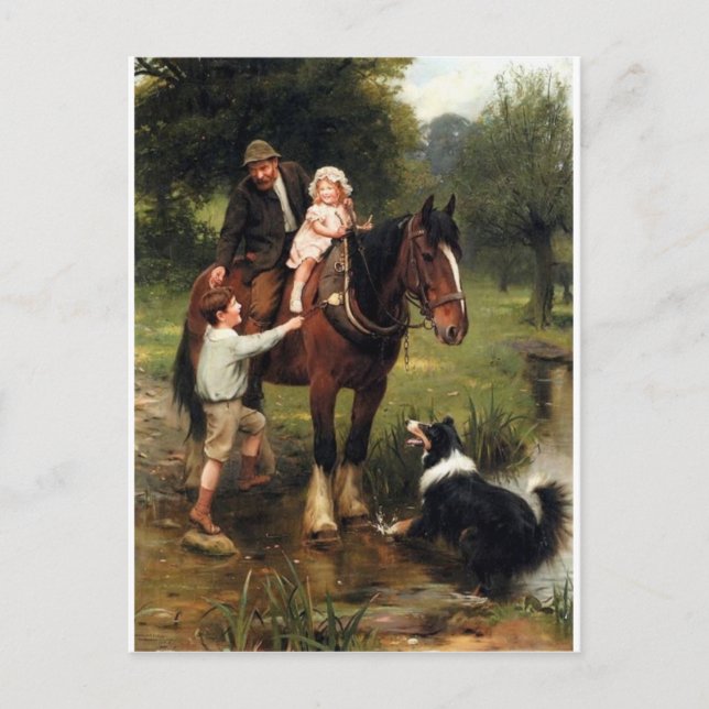 Postal chica del muchacho del caballo del perro del (Anverso)