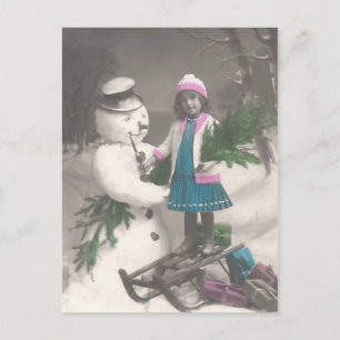 Postal-chica del navidad del vintage con el muñeco