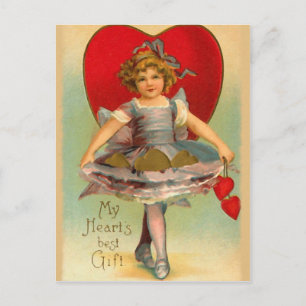 Postal Chica del vintage con los corazones