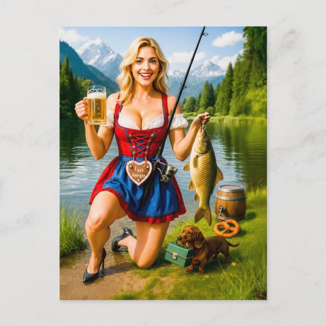 Postal Chica divertida pescando con vestido tradicional b (Anverso)