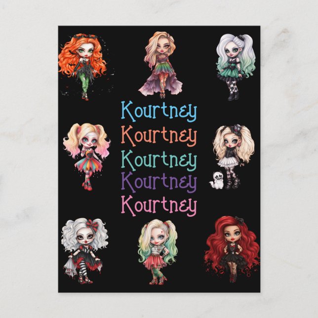 Postal Chica Doll Spooky Halloween Tema con nombre (Anverso)