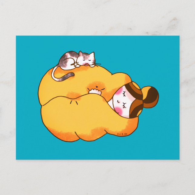 Postal Chica durmiente con gato acogedor (Anverso)