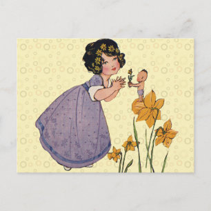 Postal Chica Elf Fairy Daffodil Antiguo Pascua