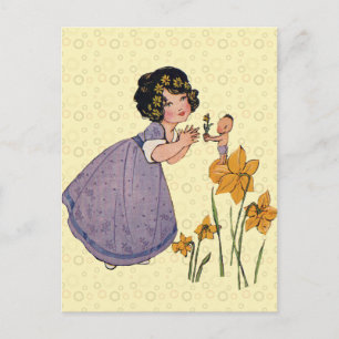 Postal Chica Elf Fairy Daffodil Antiguo Pascua