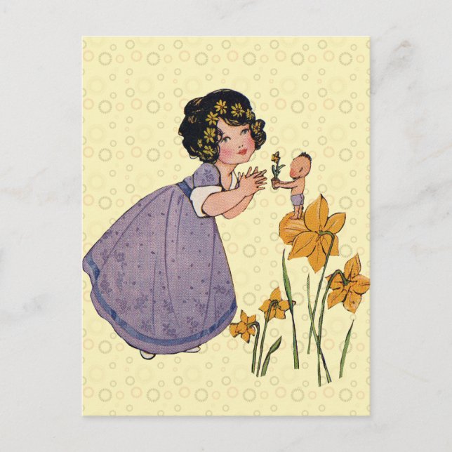 Postal Chica Elf Fairy Daffodil Antiguo Pascua (Anverso)