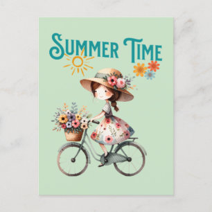 Postal Chica en bicicleta con verano de flores