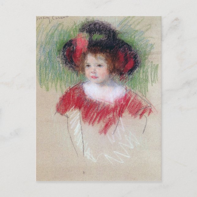 Postal Chica en Big Bonnett y Vestido Rojo, Mary Cassatt (Anverso)