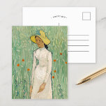 Postal Chica en blanco | Vincent van Gogh<br><div class="desc">Chica en blanco (1890) | Obra de arte original del artista holandés post-impresionista Vincent van Gogh (1853-1890). La pintura representa a una mujer con un vestido blanco y un gorra de paja amarilla, en un suave campo verde salpicado de flores rojas. Utilice las herramientas de diseño para agregar texto personalizado...</div>