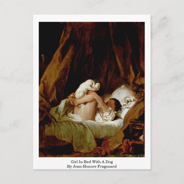 Postal Chica En Cama Con Perro De Jean-Honore Fragonard (Anverso)