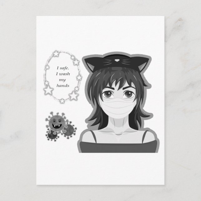 Postal Chica en cuarentena. Estilo manga (Anverso)