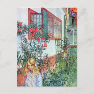 Postal Chica en el jardín con flores rojas