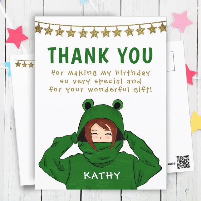 Postal Chica en Green Frog Hoody Stars Cumpleaños Gracias (Subido por el creador)