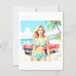 Postal Chica en la playa con un coche clásico