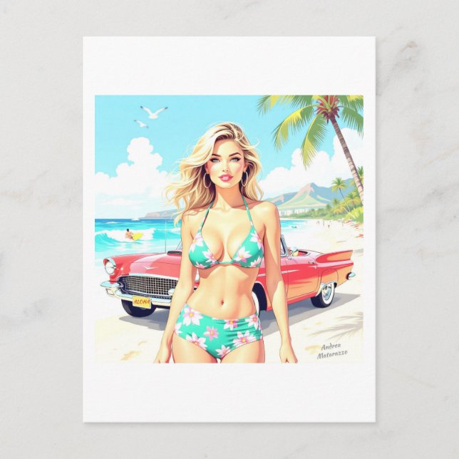 Postal Chica en la playa con un coche clásico (Anverso)