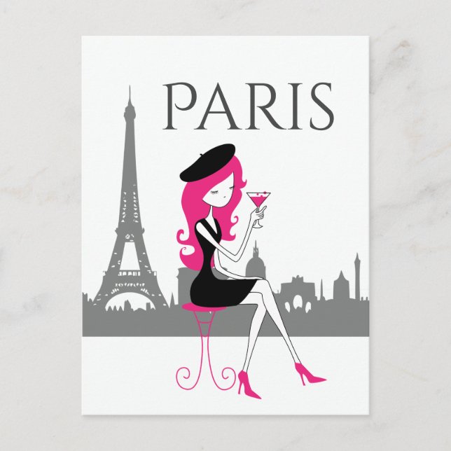 Postal Chica en un café en la Moda de París Torre Eiffel (Anverso)