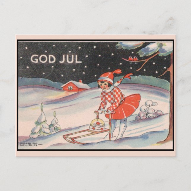 Postal Chica en un trineo, nieve - Navidad vintage (Anverso)