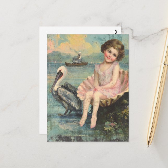 Postal Chica en una concha de mar y un pelícano (Anverso/Reverso In Situ)
