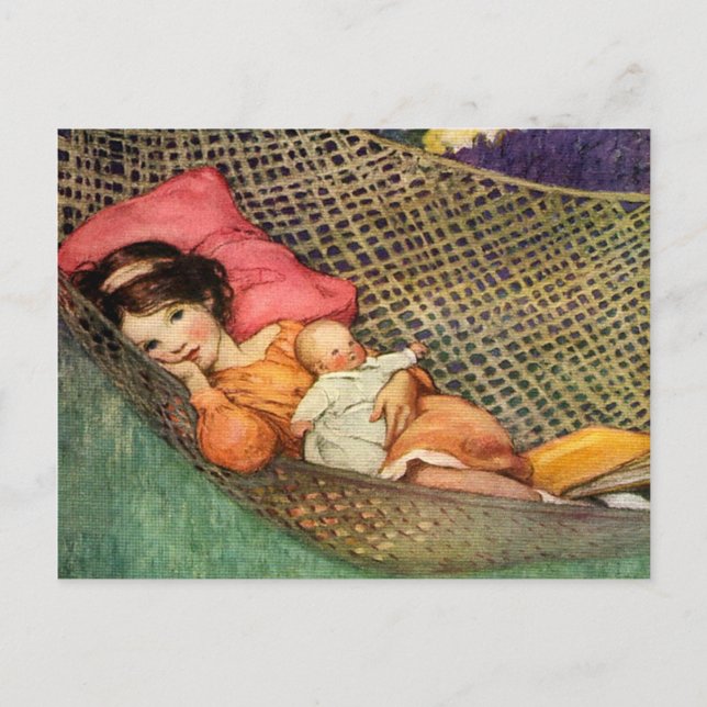 Postal Chica en una hamaca por Jesse Willcox Smith (Anverso)