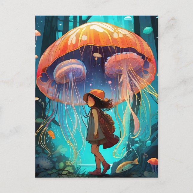 Postal Chica fantástica de medusas caminando bajo el océa (Anverso)